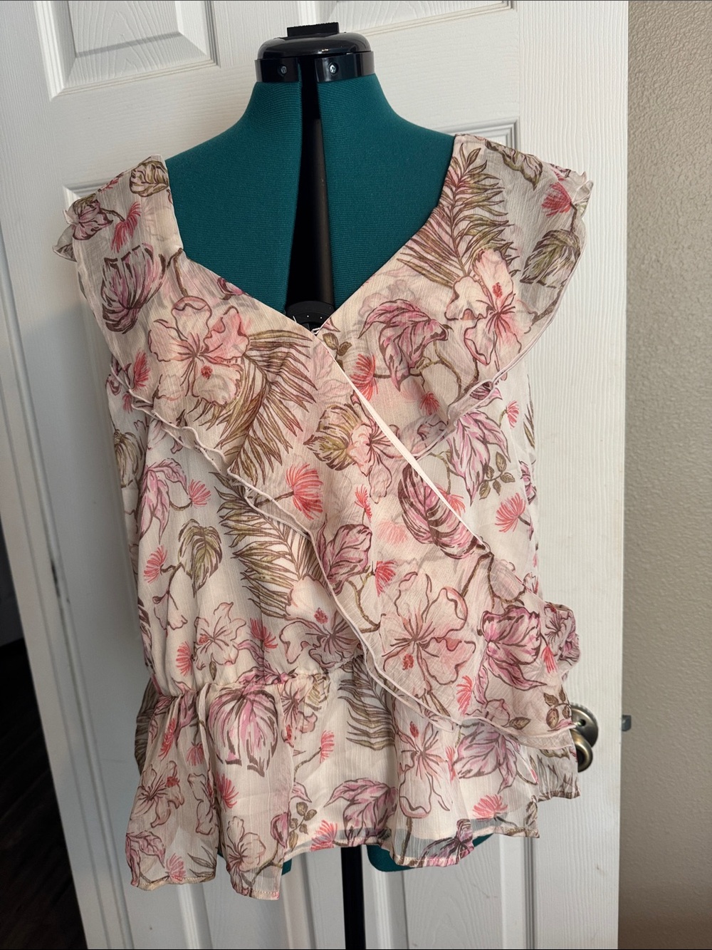 Time and Tru Floral Ruffle V-Neck Blouse - Cream, Pink & Green